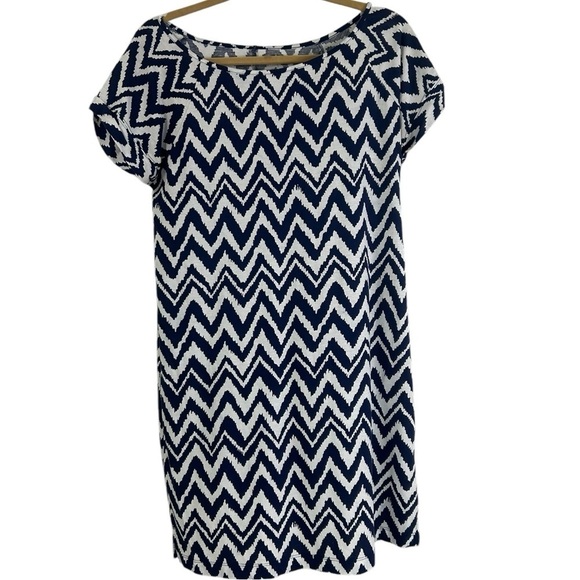 Lilly Pulitzer Palmer Blue White Pima Cotton T-Shirt Chevron Dress Large Preppy - Picture 2 of 9